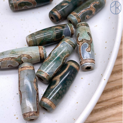 Бусина Дзи Зеленая тара серо-зеленый бочонок 30х10 мм