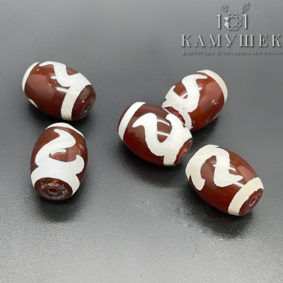 Бусина Дзи Золотой ключ коричнево-белый бочонок уп.5 шт 10х14 мм