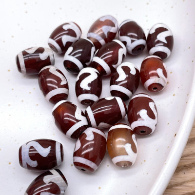 Бусина Дзи Золотой ключ коричнево-белый бочонок уп. 5шт 14х10 мм