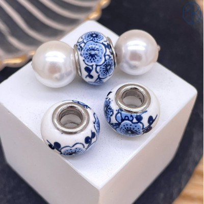 Бусина гжель №3, цвет серебро 14 мм