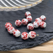 Бусина, керамика, узор красный 6 мм