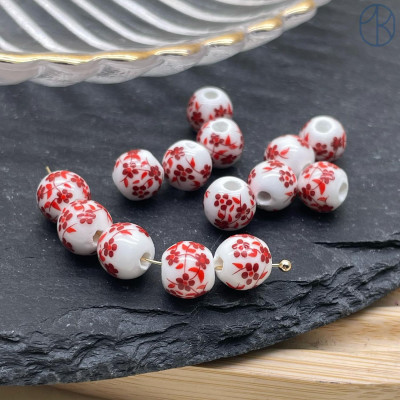 Бусина, керамика, узор красный 6 мм