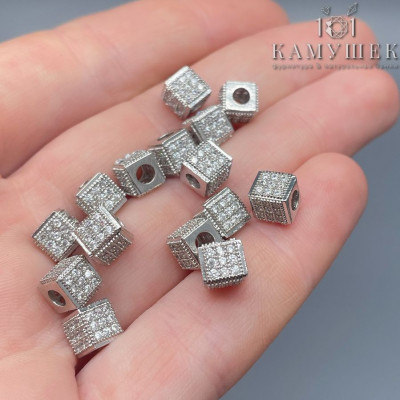 Бусина куб цирконы, цвет серебро 6 мм 