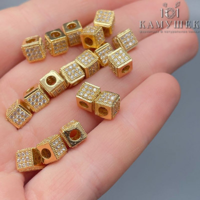 Бусина куб цирконы, цвет золото 6 мм
