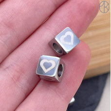 Бусина куб сердце сталь 7 мм, цвет серебро 