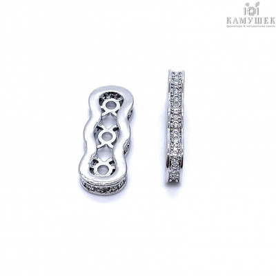 Бусина на 3 ряда цирконы, цвет серебро 19х7 мм