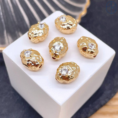 Бусина овал мятая циркон фриформ цвет золото 9х12 мм