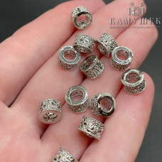 Бусина рондель цирконы, цвет серебро 10х6 мм