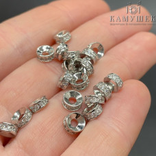 Бусина рондель цирконы, цвет серебро 6х2 мм 
