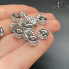 Бусина рондель цирконы, цвет серебро 7х4 мм