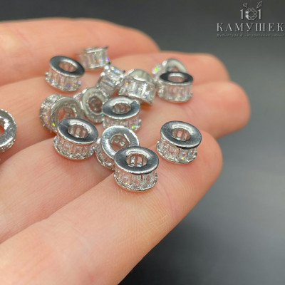 Бусина рондель цирконы, цвет серебро 7х4 мм