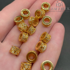 Бусина рондель цирконы, цвет золото 10х6 мм