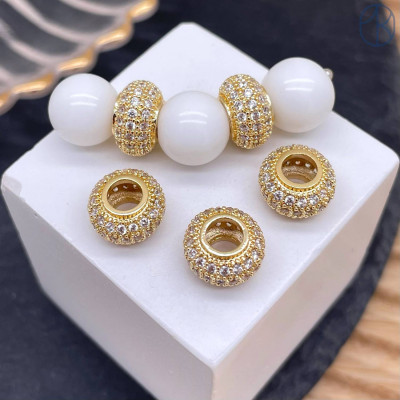 Бусина рондель цирконы, цвет золото 10х6 мм