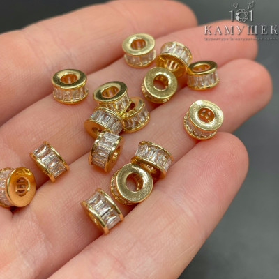 Бусина рондель цирконы, цвет золото 7х4 мм