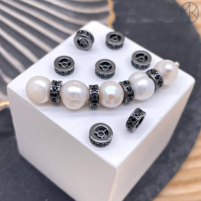 Бусина рондель с цирконами, цвет черный 6х2 мм