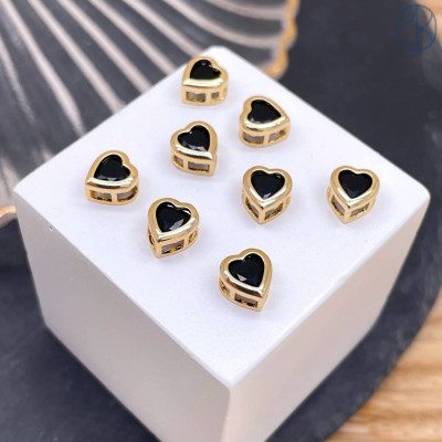 Бусина сердце черный циркон, цвет золото 6 мм