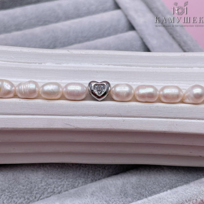 Бусина сердце циркон, цвет серебро 8 мм 