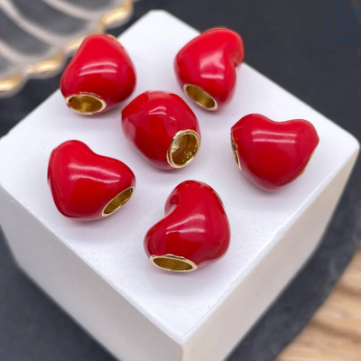 Бусина сердце красная эмаль, цвет золото 10 мм 