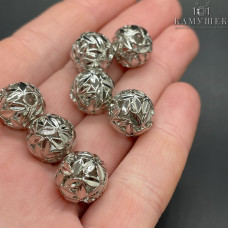 Бусина шар листья, цвет серебро 12 мм  