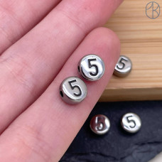 Бусина сталь цифра 5, цвет серебро 6 мм