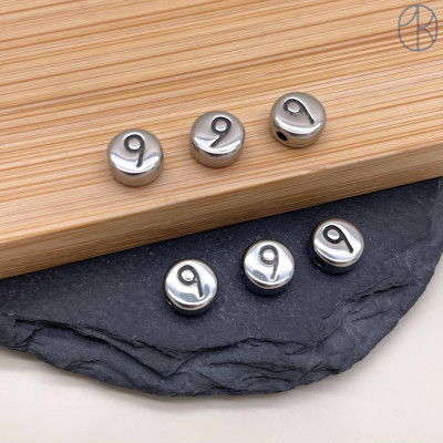 Бусина сталь цифра 9, цвет серебро 6 мм