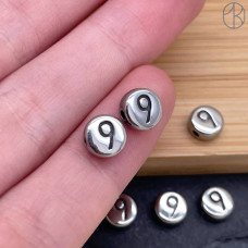 Бусина сталь цифра 9, цвет серебро 6 мм