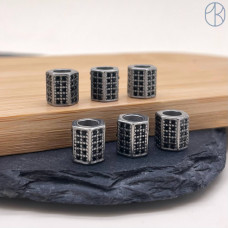 Бусина сталь цилиндр черные цирконы, цвет серебро 9х9 мм 