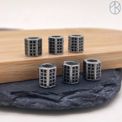 Бусина сталь цилиндр черные цирконы, цвет серебро 9х9 мм 