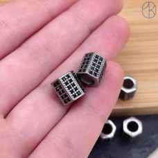Бусина сталь цилиндр черные цирконы, цвет серебро 9х9 мм 