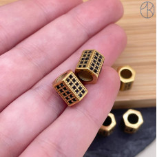 Бусина сталь цилиндр черные цирконы, цвет золото 9х9 мм 