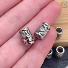 Бусина сталь цилиндр узор, цвет серебро 11х7 мм 