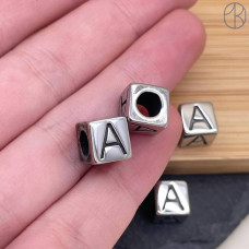 Бусина сталь куб буква A, цвет серебро 8 мм