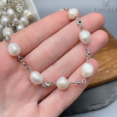 Цепь №253 цвет серебро, Жемчуг и цирконы 4*8,5 мм/12*8,5 мм