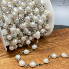 Цепь №253 цвет серебро, Жемчуг и цирконы 4*8,5 мм/12*8,5 мм