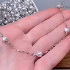 Цепь №268 цвет серебро, сердце  имитация жемчуга 6 мм