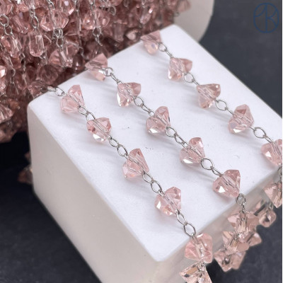 Цепь №312 цвет серебро чешское стекло розовое 6 мм