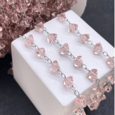 Цепь №326 цвет серебро чешское стекло розовое 6 мм