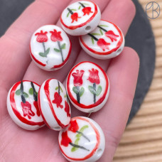Керамика овал красный цветок гжель 20 мм штучно