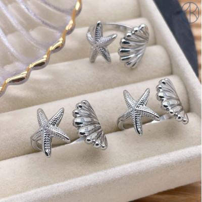 Кольцо морская звезда и ракушка цвет серебро 