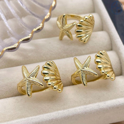 Кольцо морская звезда и ракушка цвет золото 