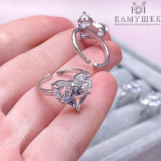 Кольцо сердце цирконы, цвет серебро 20 мм