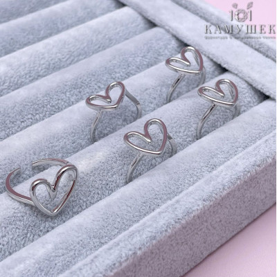 Кольцо сердце контур, цвет серебро 20 мм 