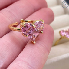 Кольцо сердце розовые цирконы, цвет золото 