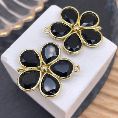 Коннектор цветок огранка агат черный, цвет золото ~ 26 мм