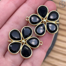 Коннектор цветок огранка агат черный, цвет золото ~ 26 мм