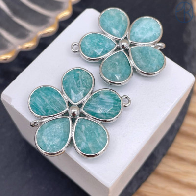 Коннектор цветок огранка амазонит, цвет серебро ~ 26 мм