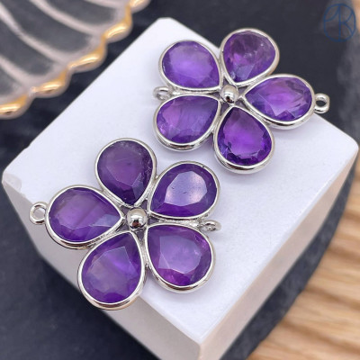 Коннектор цветок огранка аметист, цвет серебро ~ 26 мм