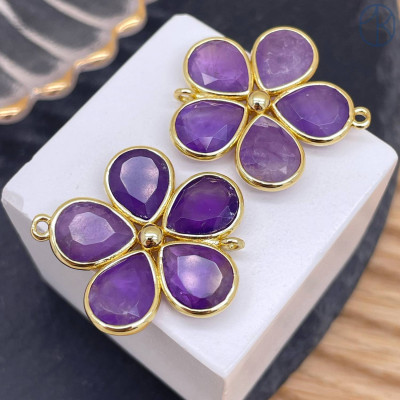 Коннектор цветок огранка аметист, цвет золото ~ 26 мм