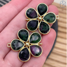 Коннектор цветок огранка цоизит, цвет золото ~ 26 мм