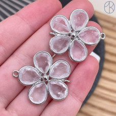 Коннектор цветок огранка горный хрусталь, цвет серебро ~ 26 мм